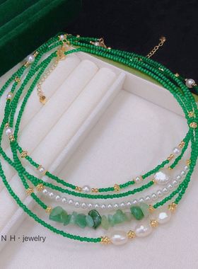 新中式原创高级感绿色人工猫眼石气质巴洛克珍珠子显白锁骨项链女