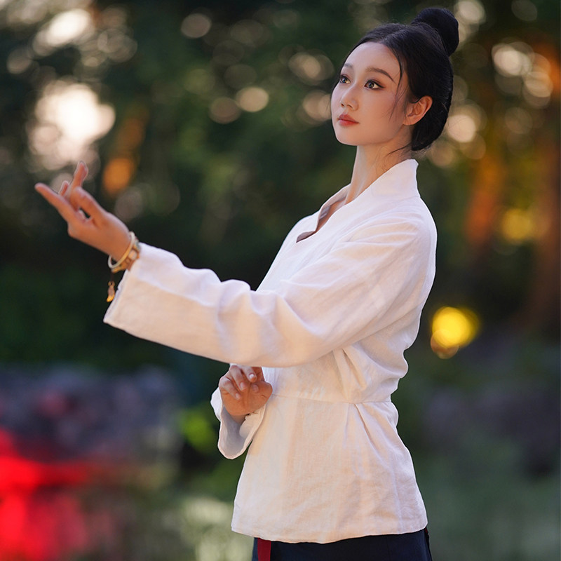 思絺绤现代汉服女天丝麻纯色长袖民族服饰一片式下裙手工千层底鞋