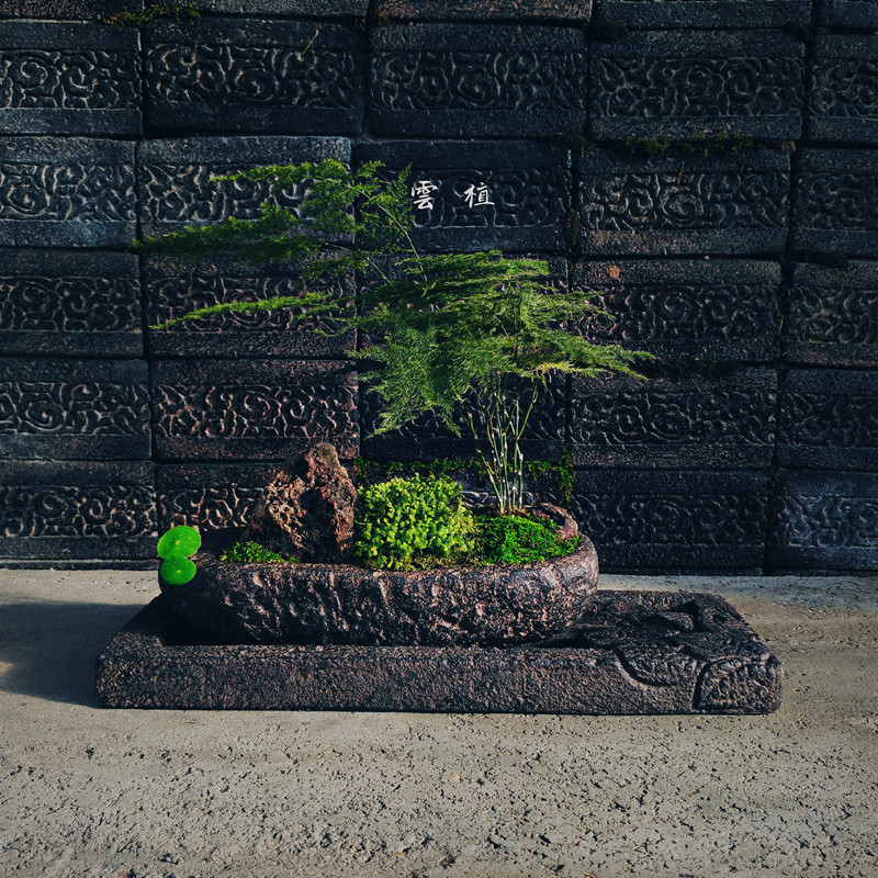 雲植仿古仿石假山盆无孔大号水培山水盆水陆盆浅盆云盆托盘水仙盆