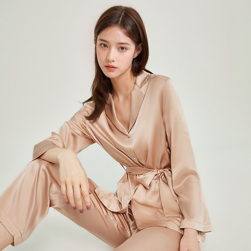新款重磅真丝睡衣女桑蚕丝长袖长裤两件套气质休闲丝绸家居服套装