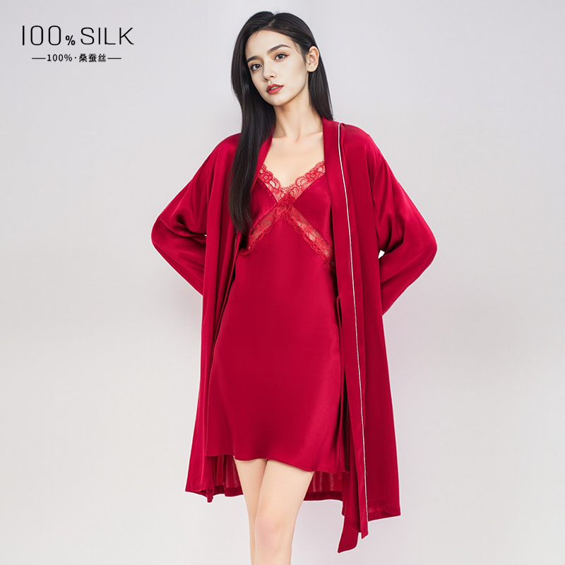 春夏真丝睡袍女2024婚庆本命年红色睡衣桑蚕丝吊带睡裙家居服