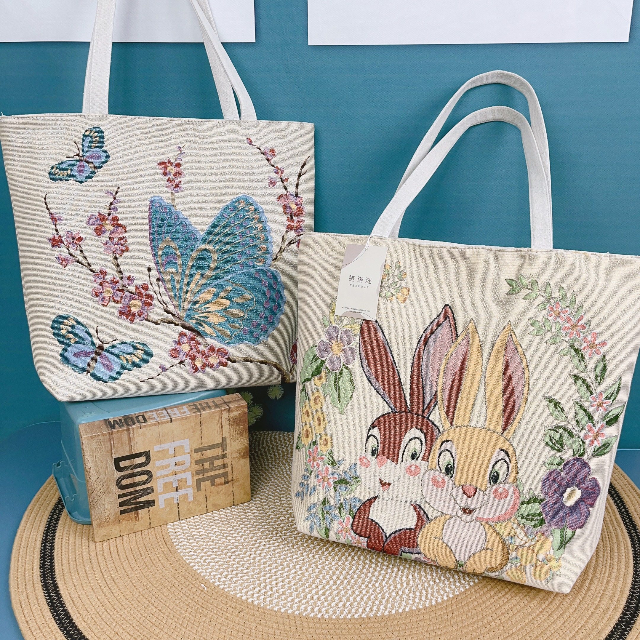 大容量帆布包双面金丝提花刺绣单肩包休闲购物包百搭时尚妈咪包