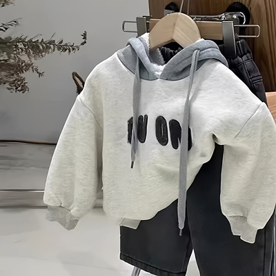 韩版男童秋冬连帽加绒拼色卫衣