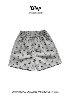 高档灰色Kitty猫休闲运动短裤女夏季宽松高腰抽绳阔腿四分裤外穿