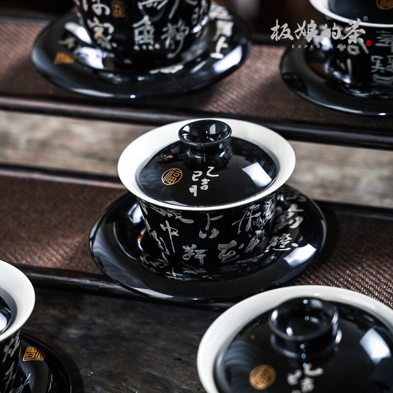 景德镇高温瓷久藏黑武士三才盖碗泡茶器中式手工家用陶瓷功夫茶具