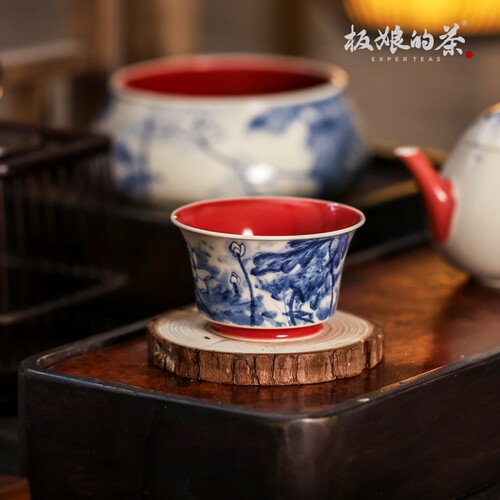 景德镇高温瓷 焱谷雨香斋柿子红荷花马蹄杯65ml中式家用茶杯茶具