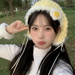 纯手工钩织款 可爱毛绒蝴蝶结系带三角头巾 爱丽丝少女日记