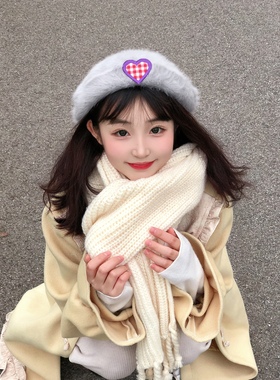 奈里nice in独立设计气质灰色兔毛绒可爱甜美爱心贝雷帽百搭ins风