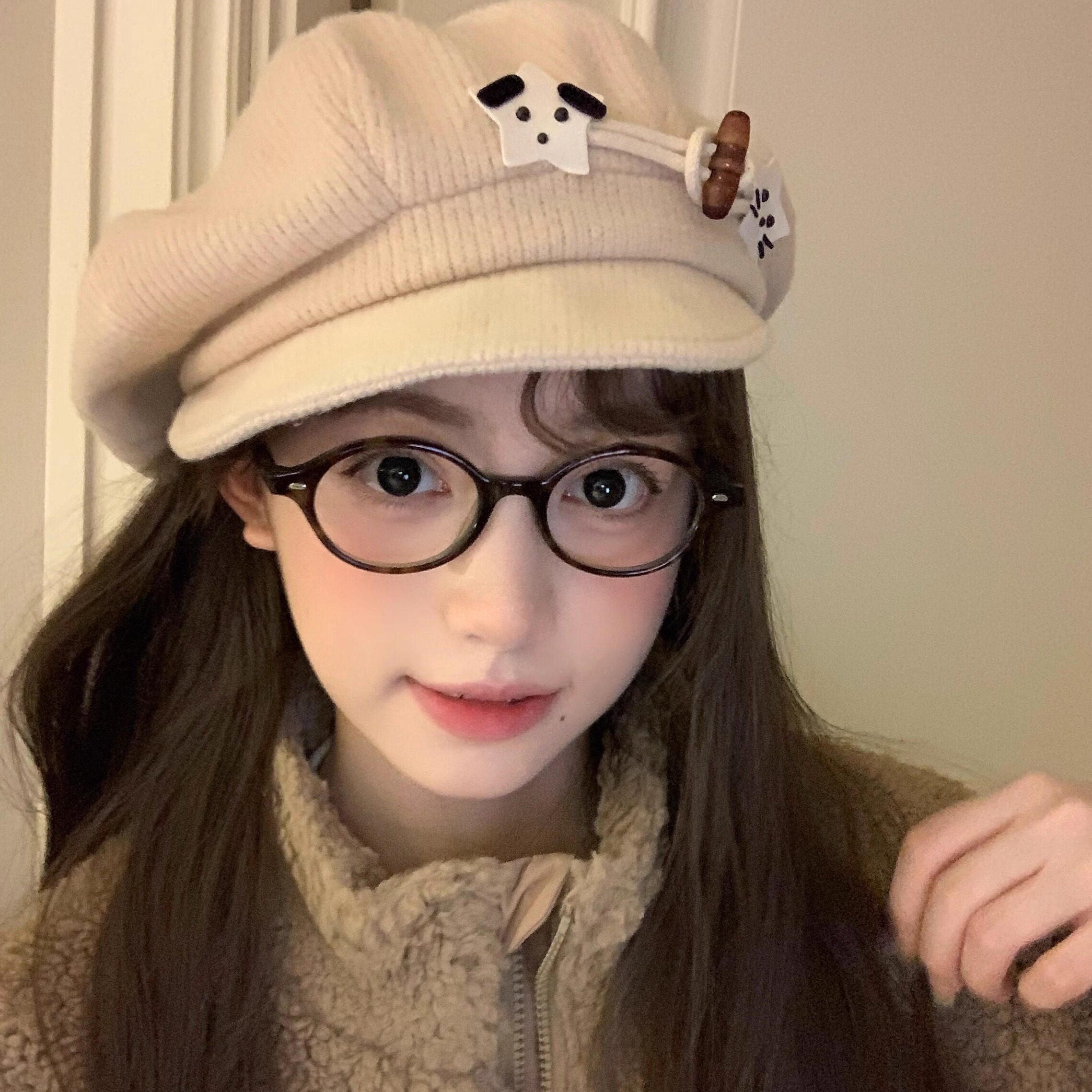 奈里原创 小狗贴贴系列~  秋冬牛角扣贝雷帽云朵八角帽百搭显脸小