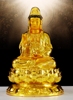 纯铜贴金观音佛像娑婆三圣神像南海观音菩萨佛像坐像家居供奉摆件