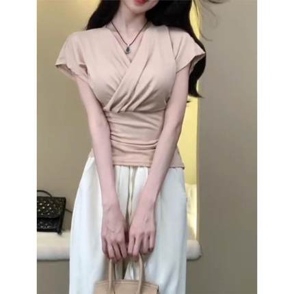 韩系交叉V领设计感短袖T恤女2025夏季新款掐腰别致绝美甜辣小上衣