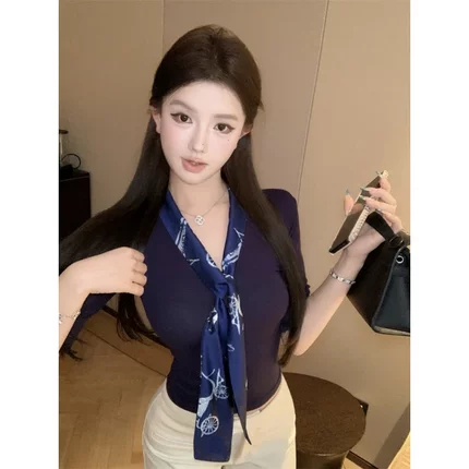 韩系金秘书OL气质别致绝美小上衣高级感飘带围巾通勤V领短袖打底T