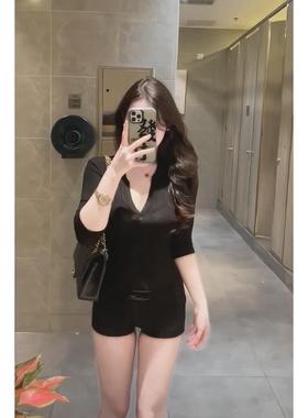 MISS WU黑色半开领微透修身打底衫高级感百搭显胸大五分袖弹力上