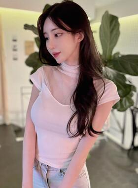 MISS WU YK135优雅气质网纱拼接~女人味半高领修身短袖T恤se