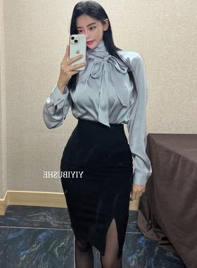 MISS WU UG681黑色百搭~女人味高腰开叉包臀半身中裙se