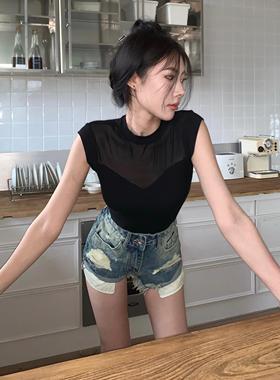 MISS WU黑色网纱无袖上衣夏季女2024年新款御姐风紧身显瘦短款打