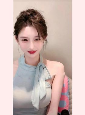 现货自制绑带挖肩挂脖吊带背心女夏蓝色内搭显瘦无袖上衣