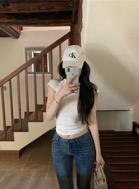 深蓝色系带圆领短袖T恤女夏季2024新款修身显瘦辣妹别致打底上衣