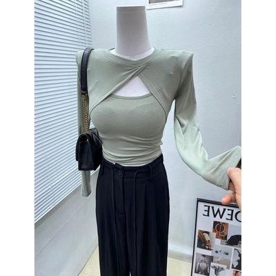 MISS WU 网红复古不规则长袖罩衫+吊带背心两件套t恤上衣秋