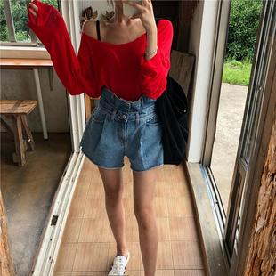 ins夏轻薄款甜辣妹长袖防晒服宽松大领口T恤女开叉慵懒大红色上衣
