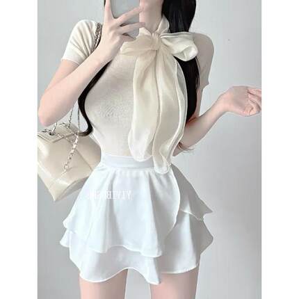 当天发 自制 PJ255纯欲蝴蝶结上衣显身材飘带领结短袖t恤