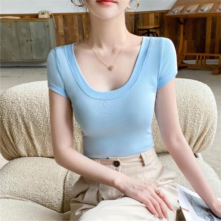 u领t恤女短袖夏2025新款纯色纯棉紧身正肩低领修身大领口打底上衣
