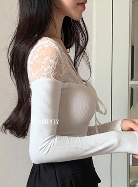 自制 LJ377谁穿谁辣~性感女人味蕾丝拼接修身针织衫sn