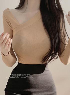 MISS WU ME276气质斜肩V领~性感显身材螺纹紧身长袖T恤se