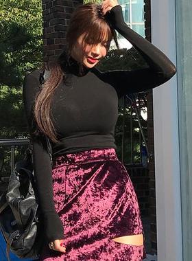 当天发 MISS WU 黑色舒适高领修身长袖T恤打底衫女TH383