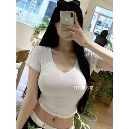 当天发 自制 LZ218亲肤显身材~性感V领紧身露腰短袖T恤ik