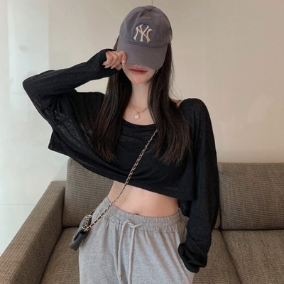 宽松爵士舞蹈服jazz上衣轻薄款微透视短款配高腰裤长袖黑色t恤女