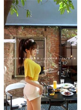 不规则黄色辣妹斜肩短袖T恤女夏季新修身显瘦设计感休闲百搭上衣