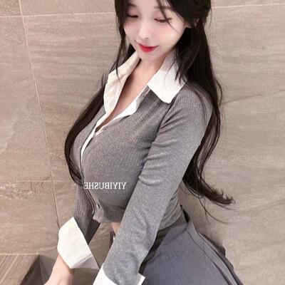 MISS WU MT593小女人气质~翻领假两件拼接露腰小开衫se