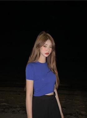 宝石蓝薄款爵士舞蹈女微透视纯色紧身弹力短袖t恤修身宝蓝色上衣