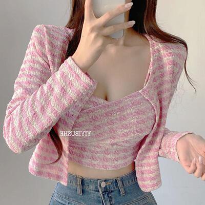 当天发 MISS WU MR092气质小香风~露腰格子吊带+开衫套装ly