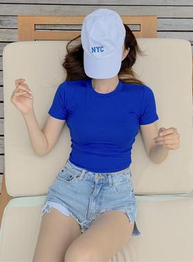 短款宝蓝色上衣女亮色短袖基础款高腰显瘦爵士舞修身彩蓝色t恤薄