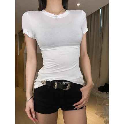 自制纯色春夏新款圆领修身显瘦设计感小众百搭T恤上衣