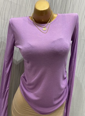 当天发 MISS WU 色系hao看 复古桃粉色亲fu微透长袖T恤INS网红款