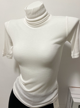 Ju美雾蓝色！薄款透视短袖T恤女ins韩国修身高领打底衫内搭2024新