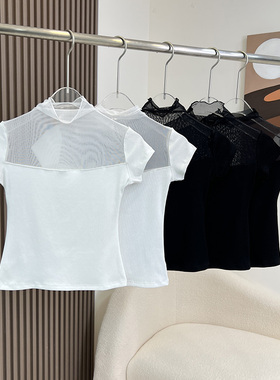 MISS WU 超A纸片人 黑色网纱微透蕾丝拼接显瘦短袖T恤女夏季