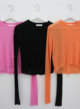 现D-A12韩国女装2019春夏新款 性感小心机 微透露脐短款长袖T恤女