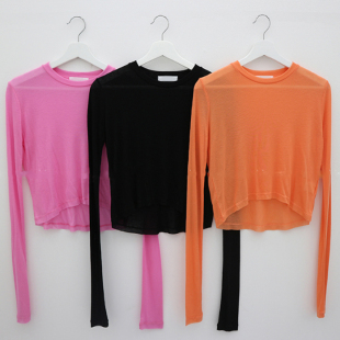 A12韩国女装 长袖 2019春夏新款 微透露脐短款 T恤女 性感小心机 现D