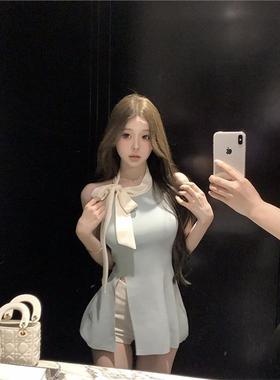 蝴蝶结露背挂脖针织小背心女夏季修身辣妹设计感外穿蓝色无袖上衣