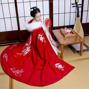[长安曲]汉服斗篷加绒厚长款带帽秀禾外披风外套秋冬婚服毛领保暖