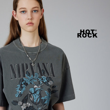 HOTROCK热石Nirvana涅槃乐队摇滚T恤花卉颓废土复古做旧美式街头