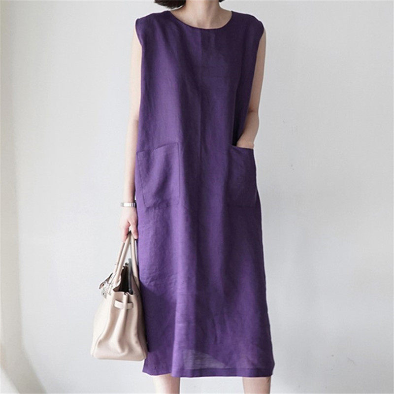 夏新女休闲直筒宽松麻料裙文艺复古棉麻裙无袖背心亚麻连衣裙
