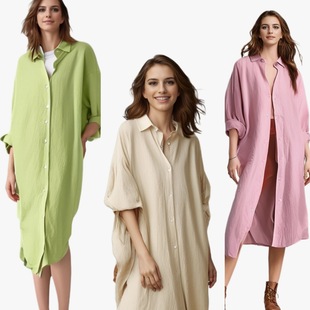 欧货欧洲站衬衫裙女春秋宽松大码胖人慵懒风超长款过膝棉麻连衣裙