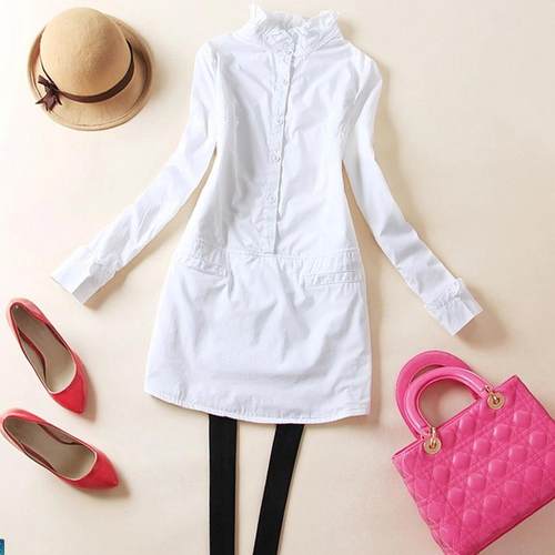 花边领纯棉加绒衬衫中长款