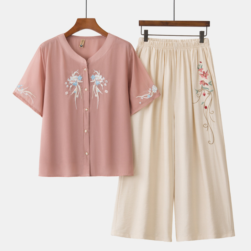 中老年女装雪纺短袖刺绣套装妈妈装夏季宽松两件套奶奶洋气上衣服