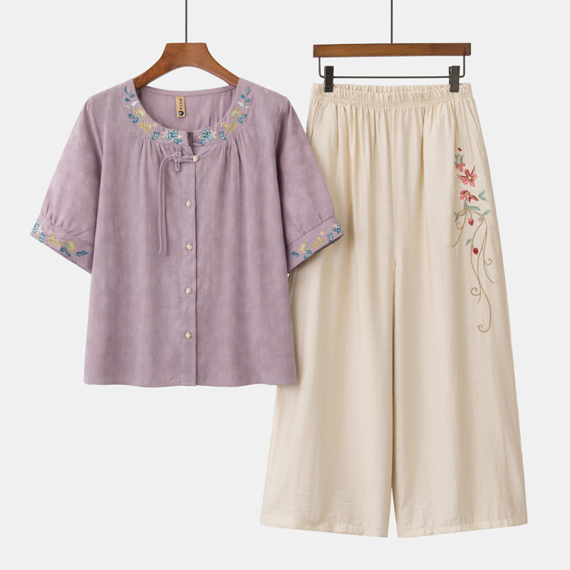 中老年人女装夏季新款短袖刺绣套装妈妈装棉麻两件套衬衫奶奶上衣